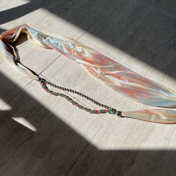 Rainbow Fabric Fashion Belt Bead Chain Sparkle Striped Pastel Whimsical 70s Glam - Picture 1 of 7